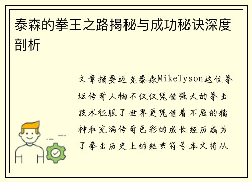泰森的拳王之路揭秘与成功秘诀深度剖析